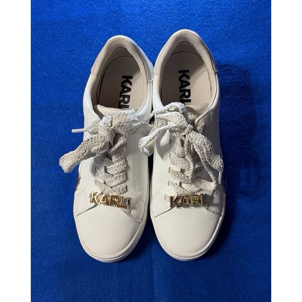 Karl Lagerfeld Paris Women’s White Leather Lace-Up Sneakers with Gold Logo Hardw